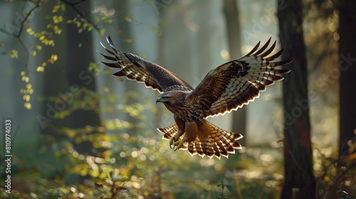 Short eared buzzard Asio otus flying between the trees in the forest outstretched . Generative Ai