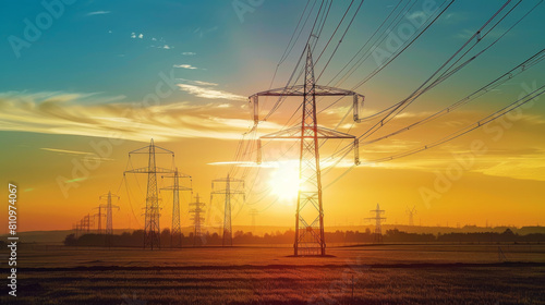 Electricity pylons silhouetted against a vibrant sunset