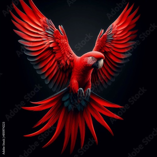  A red parrot with outspread wings with black background  photo