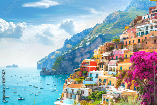 Amalfi Coast with colorful houses and blue sea