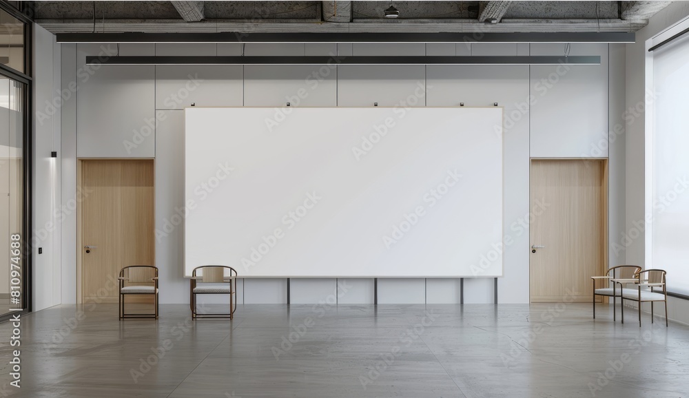 A white wall with office doors on the sides and two chairs in front of it, with light wood paneling on one side A white wall with office doors on the sides and two chairs in front of it, with light wood paneling on one side