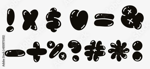 Funky bubble signs set. Puffed up cartoon typeface signs in retro y2k style. Balloon exclamation mark, question mark, heart, cross shapes isolated on white