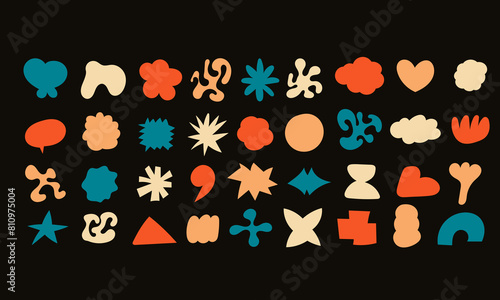 Abstract minimalist design elements isolated on black. Funky geometric shapes. Retro vector shapes in 90s and 00s style. Modern art design elements set.