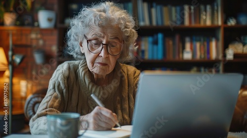 An elderly woman studies online using laptop and takes notes in a notepad. Concept of the importance of learning for older people