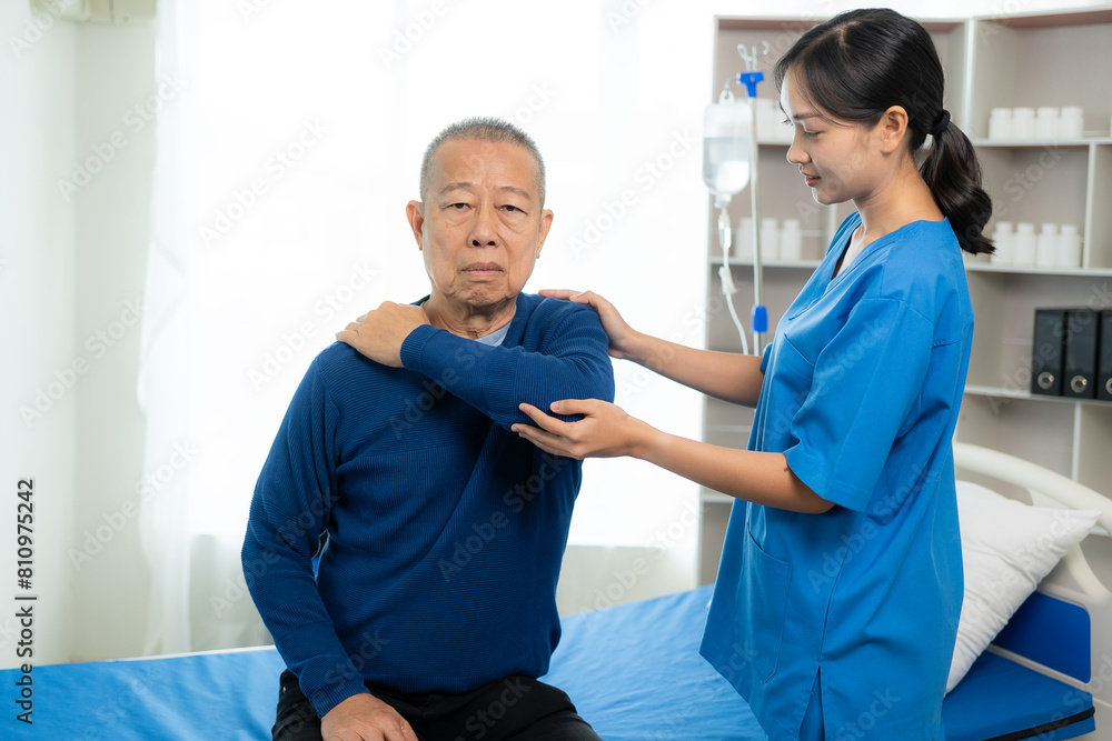 Fototapeta premium Physical therapy doctor, senior patient, muscle stretching, physical therapy and orthopedic health, chiropractor and nurse helping elderly man and surgical rehabilitation