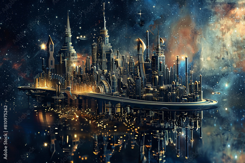 An abstract 3D city constructed from instruments of a symphony orchestra under a music-note starry sky
