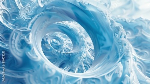 Crystalline 3D spirals in icy blue and white create a tranquil and frosty abstract artwork.