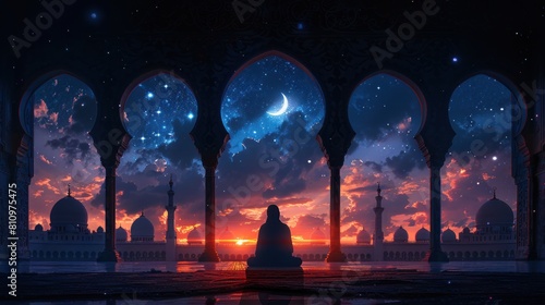 Ramadan Kareem background with prayer and Mosque dome with twilight dusk sky Silhouette Muslim man making a supplication salah 