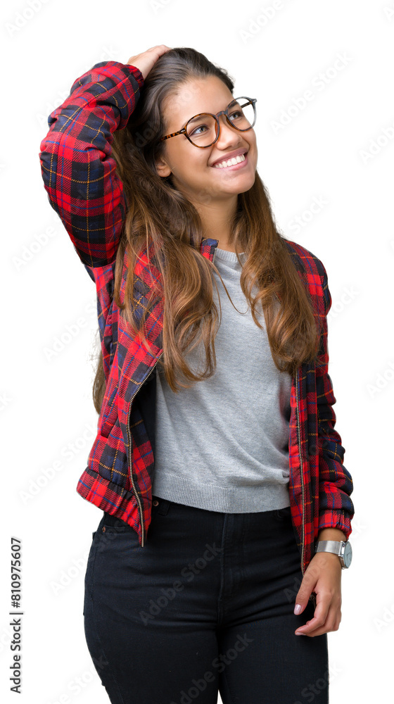 Young beautiful brunette woman wearing jacket and glasses over isolated background Smiling confident touching hair with hand up gesture, posing attractive Young beautiful brunette woman wearing jacket and glasses over isolated background Smiling confident touching hair with hand up gesture, posing attractive
