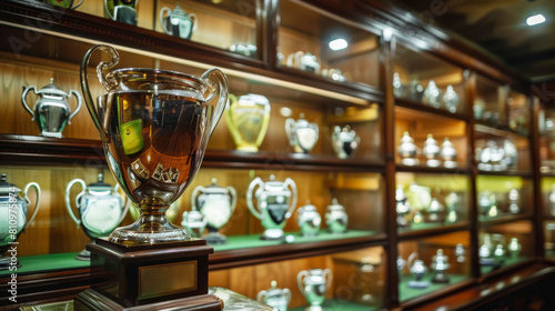 Trophy's reflection in glass of prestigious club display case photo