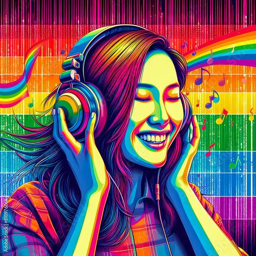 Digital art vibrant colorful pride theme young woman with headphones vibin to music