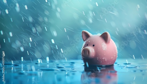 financial crisis concept with a ceramic piggy bank lonely under raining symbolizing debt burden situation and economic crisis 