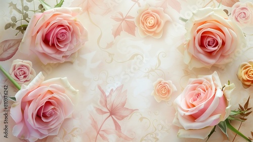 Holiday wall background with macro pink roses  vintage ivory  and peach tones.