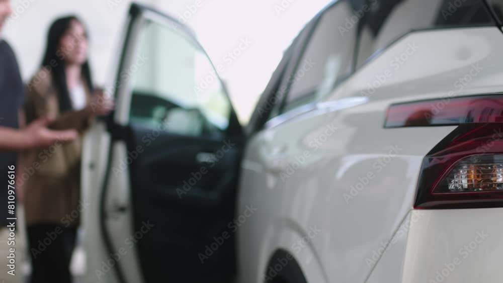 Stylish female car dealer serving a client in a car showroom. Automotive business, trade, dealership. Stylish female car dealer serving a client in a car showroom. Automotive business, trade, dealership.