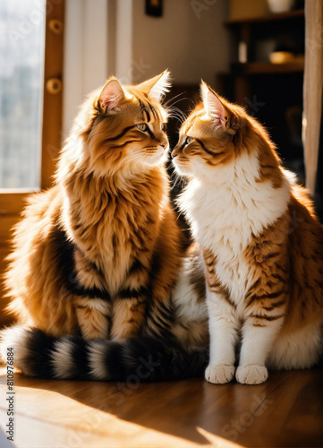 Photo of two fluffy cats, one with ginger fur and the other with gray stripes, warmly hugging each other in a sunlit room. Their tails are entwined and their eyes are closed in contentment