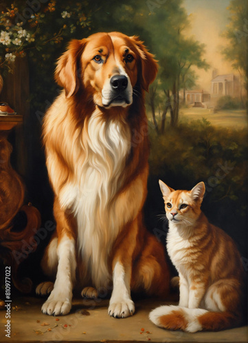 Paint a portrait of an animal and human couple in a classical realist style, capturing their expressions and gestures with meticulous detail and capturing the essence of their relationship