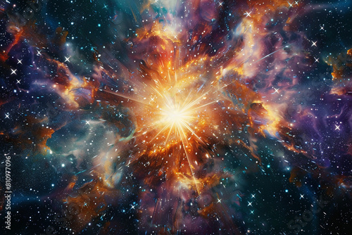 An abstract representation of a starburst or galaxy explosion in deep space Background the vast universe with galaxies and nebulas Colors bright explosion colors against the dark cosmos Created photo