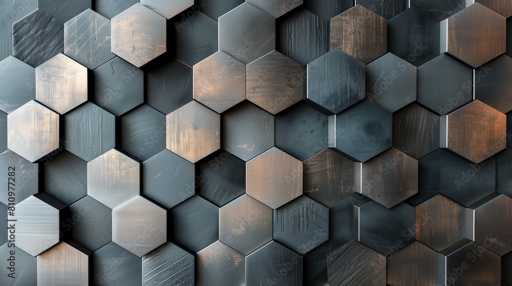 Modern wall with textured metallic hexagons, creating an industrial yet elegant atmosphere. Modern wall with textured metallic hexagons, creating an industrial yet elegant atmosphere.
