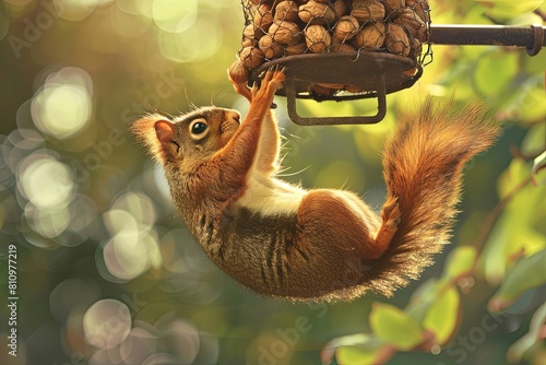 A mischievous squirrel is hanging upside down from a bird feeder while pilfering nuts. Generative AI