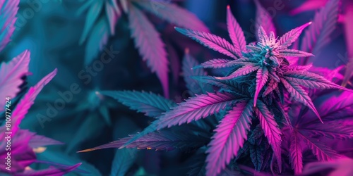 Vibrant Neon Cannabis Leaves Close-Up in Purple Neon Colors. Top view Marijuana colorful plants pattern background © Tsareva.pro