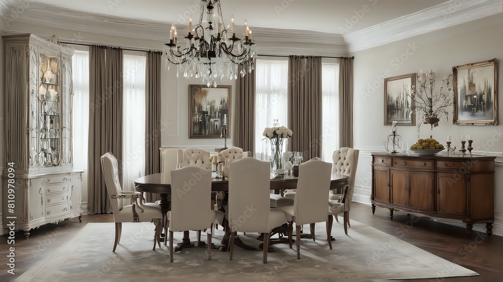 Modern luxury dining table with upholstered chairs, a crystal chandelier. Side view Modern luxury dining table with upholstered chairs, a crystal chandelier. Side view