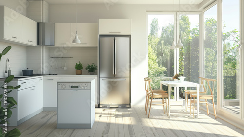 Sunny laundry corner with plants in a modern kitchen