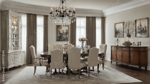 Modern luxury dining table with upholstered chairs  a crystal chandelier. Side view
