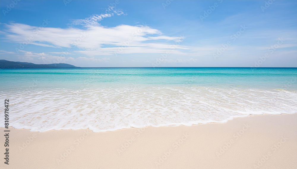 Beautiful Beach Background with Blue Water and White Sand. Serene Coastal Scene with Gentle Waves Rolling onto the Shore. Summer Vacation Destination with Pristine Beach.