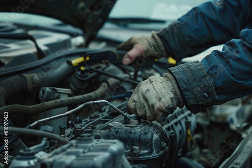 Man Repairing Engine in Car
