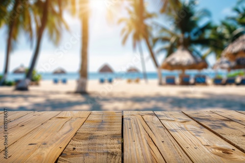 Wooden Table with Blurred Beach Backdrop