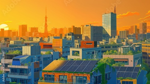 A cityscape with solar panels on buildings  illustrated   Spirited Away . The sky is orange and yellow as if it were sunset or sunrise. There should be greenery growing from some rooftop gardens