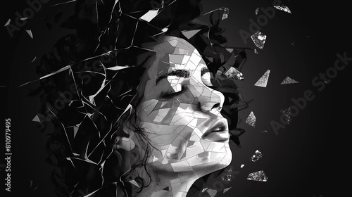 Black and white illustration of girl with dark hair, dark background, vector art, made up from many small broken pieces of glass photo