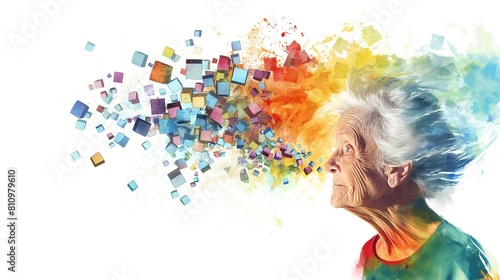 A colorful watercolor illustration of an elderly woman with white hair and her head tilted to the side, half body portrait on the right hand side, looking at a small town made out of cubes