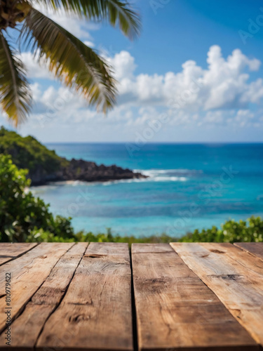 Island Getaway, Wooden Table Framed by Sea, Island, and Blue Sky, with a Dreamy Blurred Backdrop