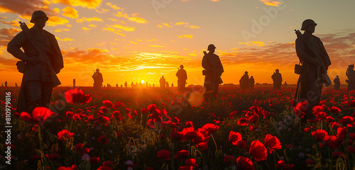 Memorial Day marked by a sunrise in a poppy field with soldier statues.