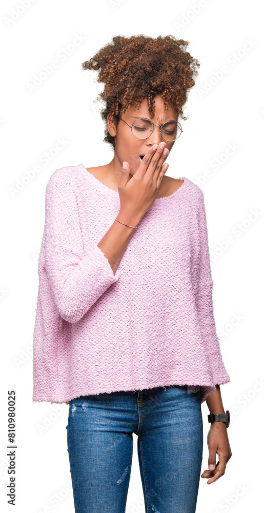 Beautiful young african american woman wearing glasses over isolated background bored yawning tired covering mouth with hand. Restless and sleepiness. Beautiful young african american woman wearing glasses over isolated background bored yawning tired covering mouth with hand. Restless and sleepiness.