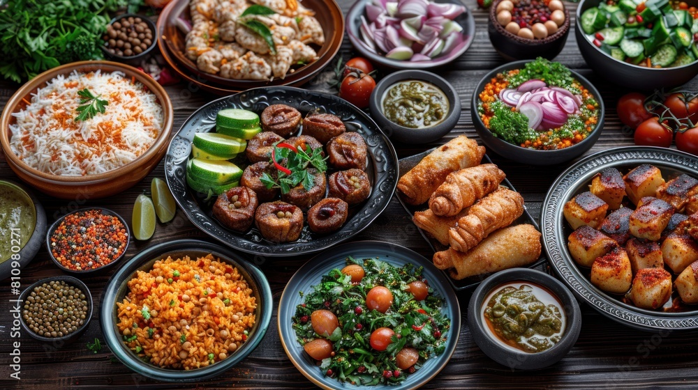 Ramadan kareem Iftar party table with assorted festive traditional Arab dishes, sweets, dates. Eid al-Fitr mubarak evening grand meal, top view. Islamic holidays food concept, Ramadan feast