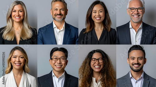 Several headshots of happy men and women on white background