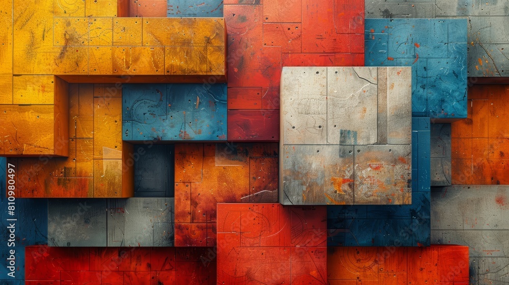 Colorful 3D rendering of stacked blocks with a variety of surface textures. Colorful 3D rendering of stacked blocks with a variety of surface textures.
