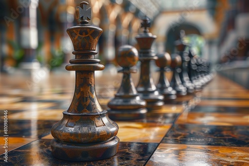 Business Strategy concept. A row of chess pieces are lined up on a marble floor.