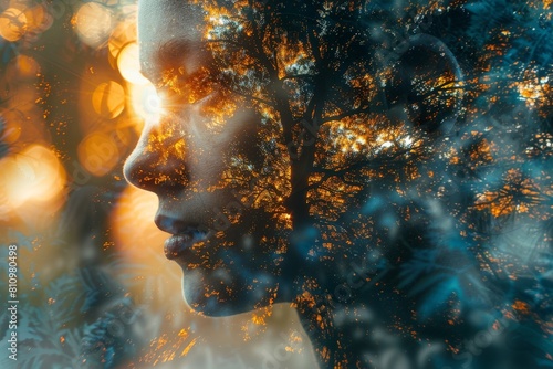 This intriguing image plays with the concept of identity and nature through a double exposure effect © Dacha AI