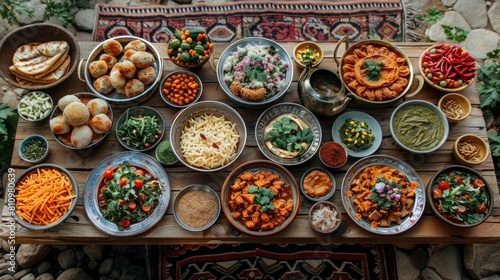 Ramadan kareem Iftar party table with assorted festive traditional Arab dishes  sweets  dates. Eid al-Fitr mubarak evening grand meal  top view. Islamic holidays food concept  Ramadan feast