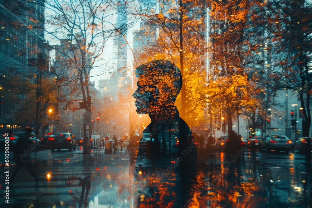 Captivating blend of a human outline and an autumn urban scene represents life's constant motion Captivating blend of a human outline and an autumn urban scene represents life's constant motion