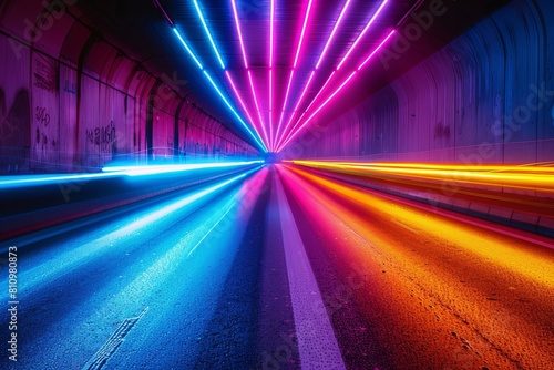 A tunnel filled with an abundance of neon lights casting a colorful glow  creating a visually striking and energetic atmosphere. Generative AI