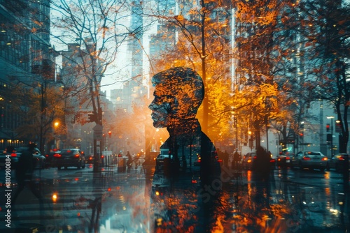 Captivating blend of a human outline and an autumn urban scene represents life's constant motion © Dacha AI