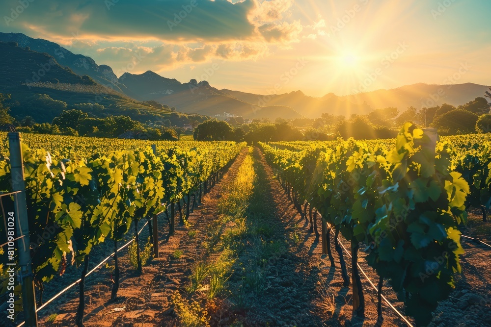 Vineyard With Sun Setting in Background