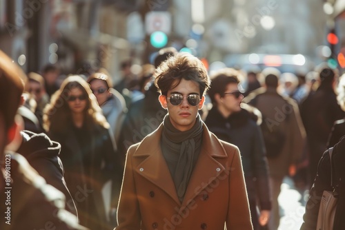 Woman Walking Down a Busy Street in a Brown Coat #810981023
