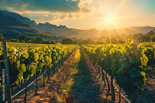 Vineyard With Sun Setting in Background