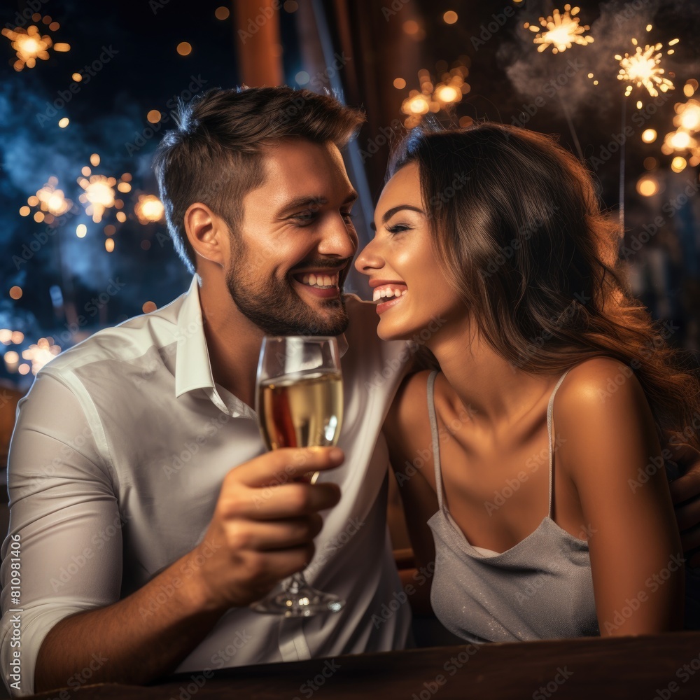 A Couple Celebrating New Year's Eve with a Toast Fictional Character Created By Generative AI. A Couple Celebrating New Year's Eve with a Toast Fictional Character Created By Generative AI.