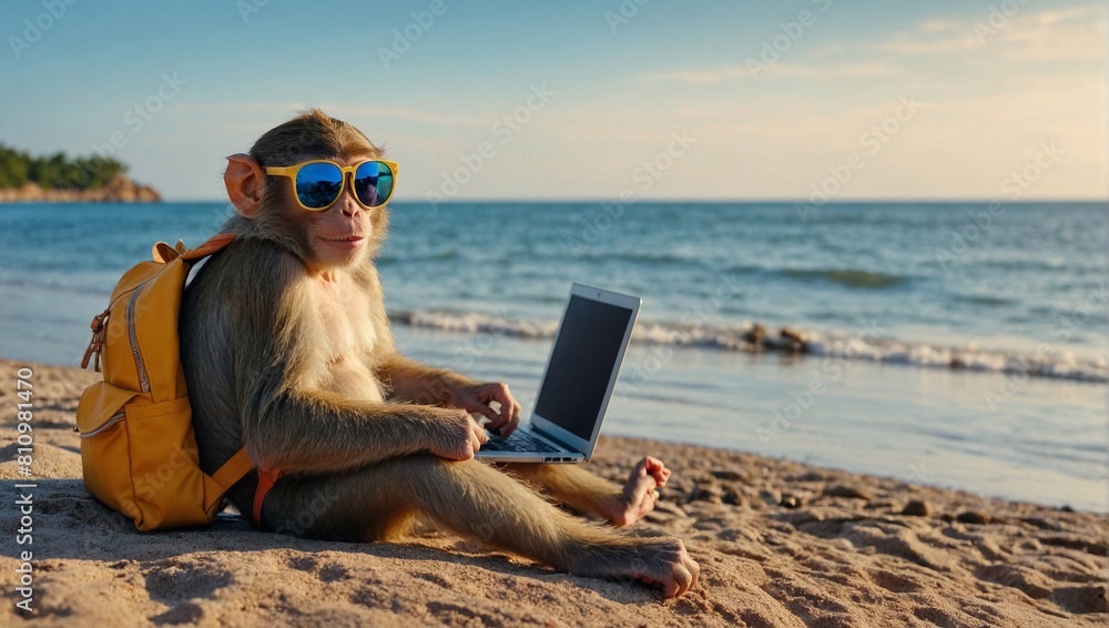 A monkey with a backpack and sunglasses is looking for tickets on a laptop. Concept: summer travel, hiking, independent travelers, cheap air tickets